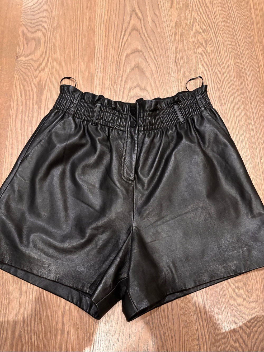 ba&sh Black lamb Leather aglae Paperbag Shorts